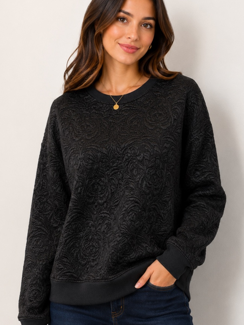 Sandro Paris Black Embossed Floral Jacquard Crewneck Sweater Size 2 M